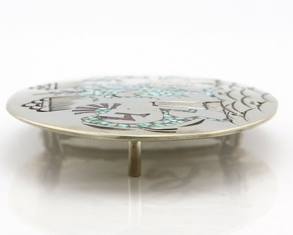 Navajo Belt Buckle .999 Nickle Silver Turquoise Coral Signed SD C.80's