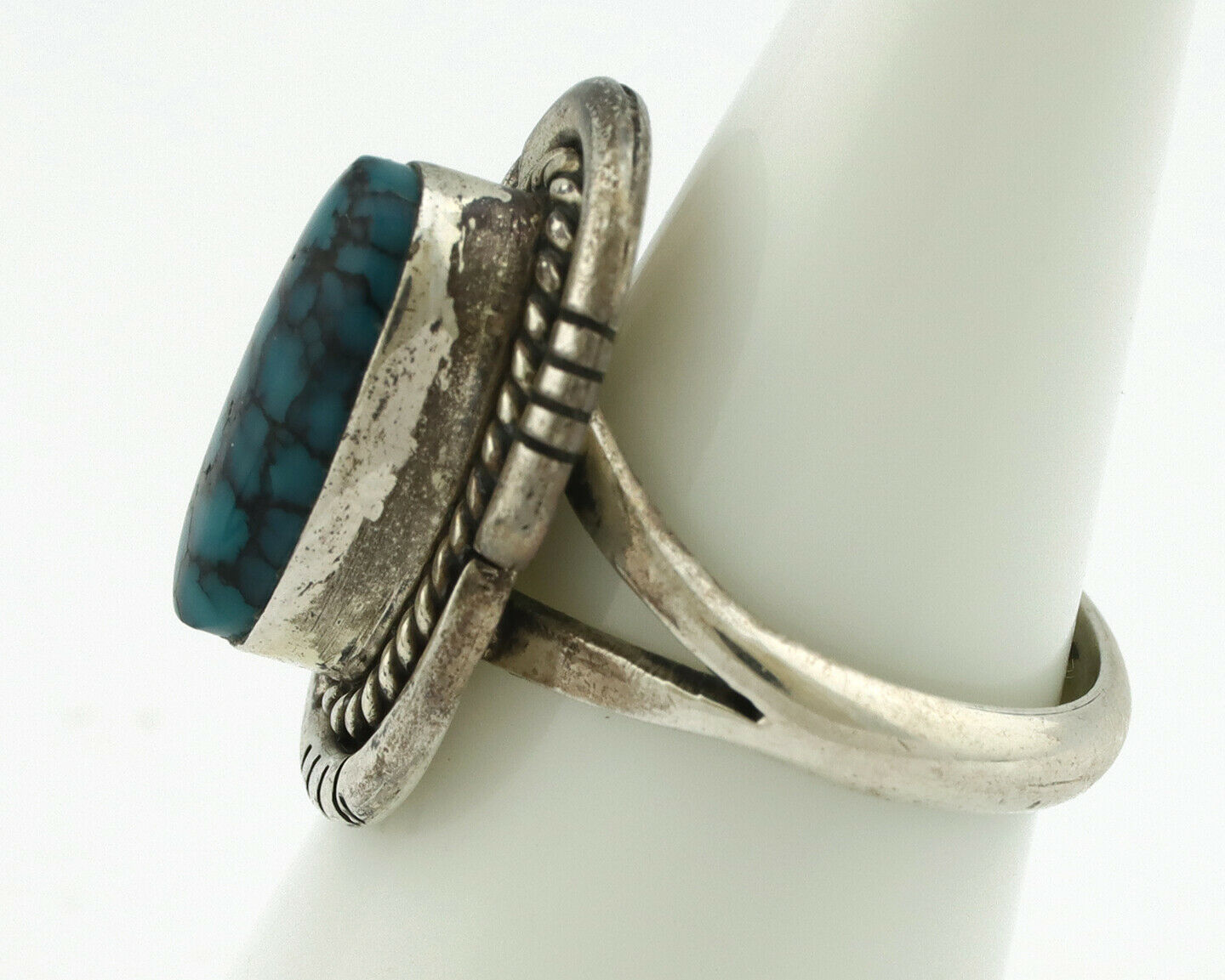 Navajo Ring .925 Silver Spiderweb Turquoise Native American Artist Handmade C80s