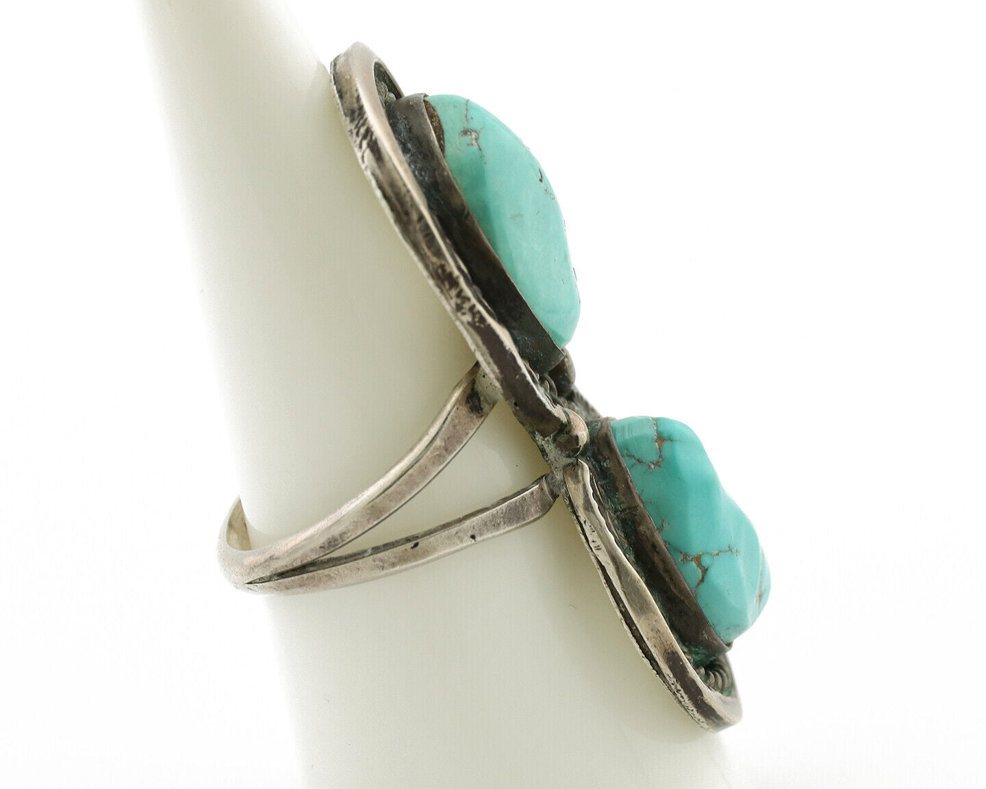 Navajo Ring .925 Silver Globe Turquoise Hand Stamped Native American Artist C80s