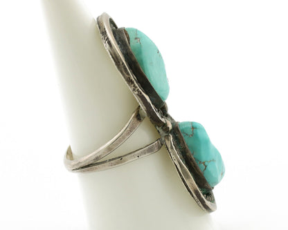 Navajo Ring .925 Silver Globe Turquoise Hand Stamped Native American Artist C80s