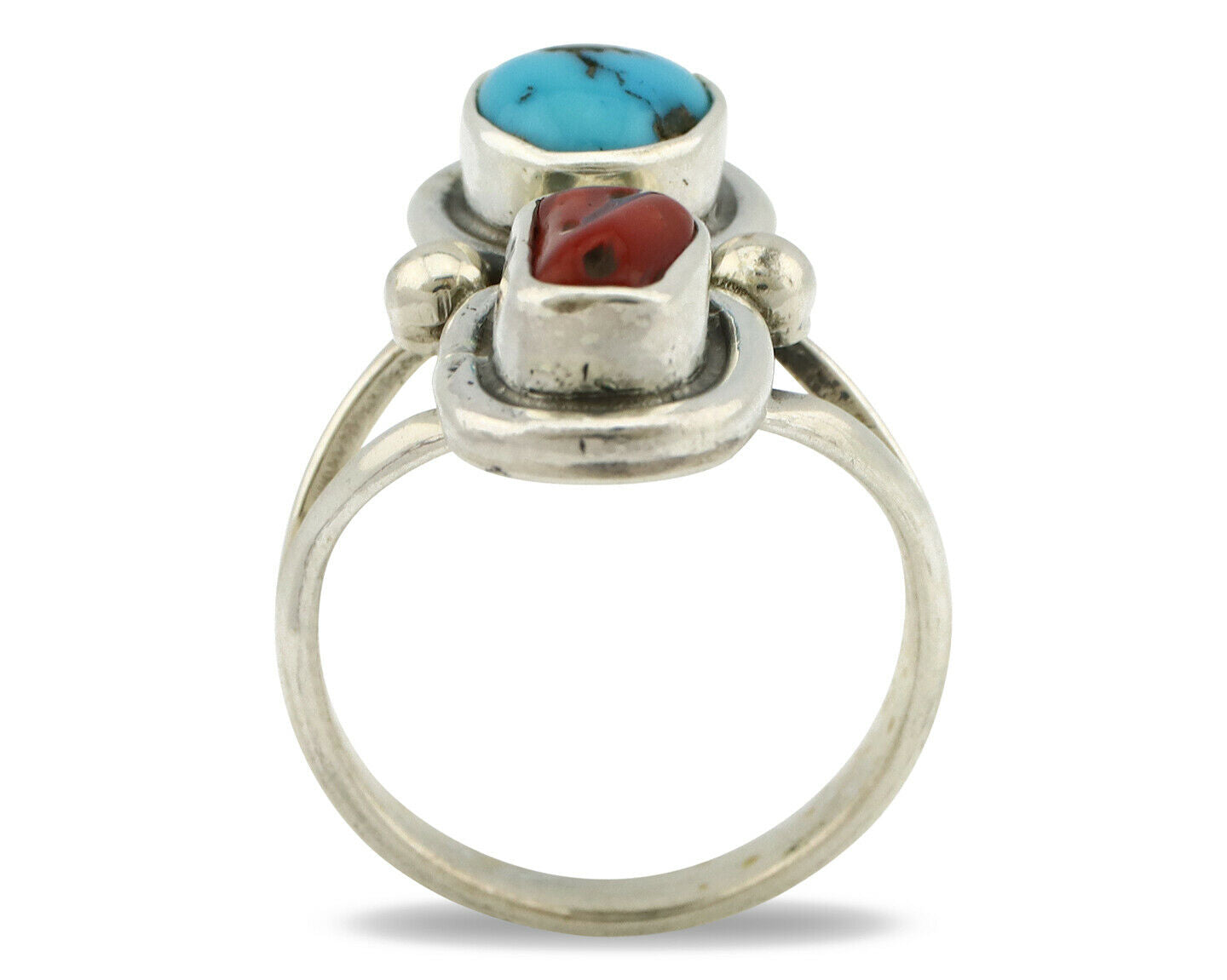 Navajo Ring .925 Silver Red Coral & Blue Turquoise Native Artist C.80's