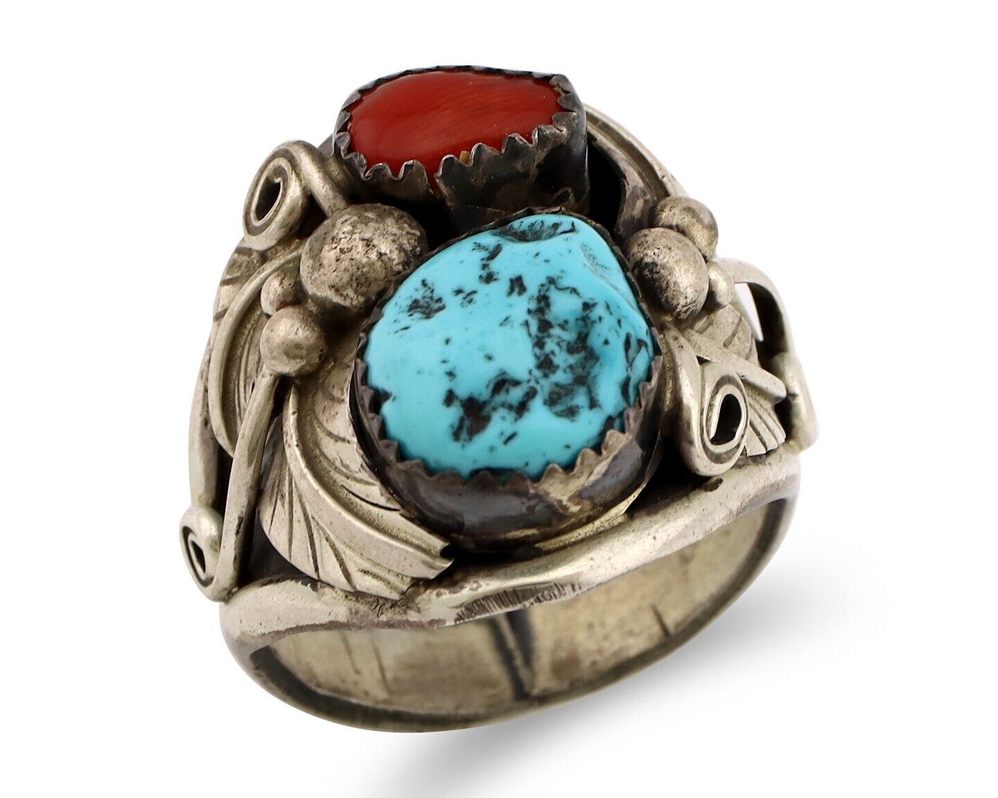 Zuni Ring 925 Silver Blue Turquoise & Coral Artsti Signed Patsy Allopowa C.80's