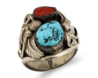 Zuni Ring 925 Silver Blue Turquoise & Coral Artsti Signed Patsy Allopowa C.80's