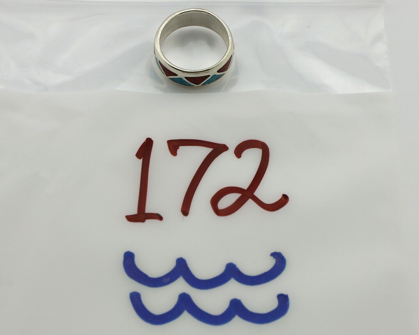 Navajo Chip Inlay Ring 925 Silver Sleeping Beauty Turquoise & Coral Silver Cloud