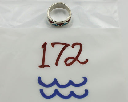 Navajo Chip Inlay Ring 925 Silver Sleeping Beauty Turquoise & Coral Silver Cloud