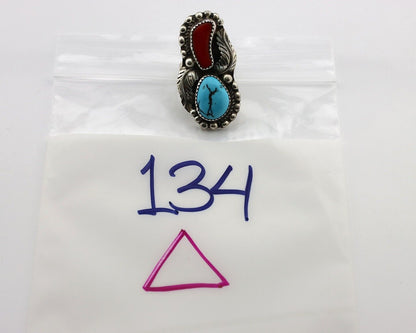 Navajo Ring 925 Silver Blue Turquoise & Coral Signed Stanley Bain C.80's