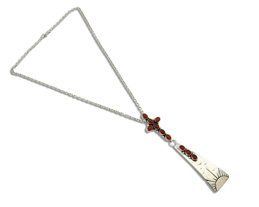 Women's Navajo Necklace .925 Silver Mediterranean Coral Pendant Signed
