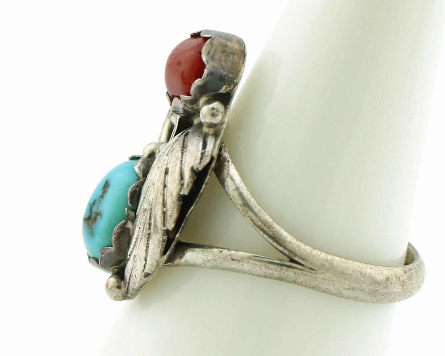 Navajo Ring .925 Silver Turquoise & Coral Native American Artist C.1980's