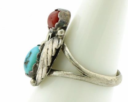 Navajo Ring .925 Silver Turquoise & Coral Native American Artist C.1980's