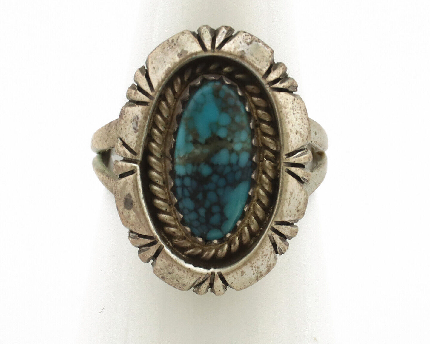 Navajo Ring 925 Silver Natural Black Spiderweb Turquoise Native Artist C.80's