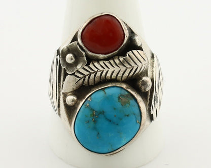 Navajo Ring 925 Silver Blue Turquiose & Mediterranean Coral Native Artist C.80's