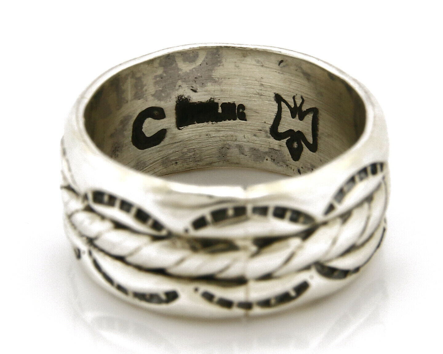 Navajo Ring .925 Silver Handmade Hand Stamped 3 Row Rope Band C.1980s