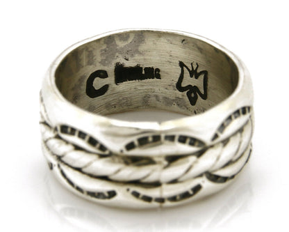 Navajo Ring .925 Silver Handmade Hand Stamped 3 Row Rope Band C.1980s