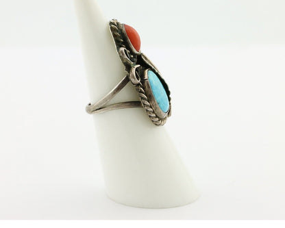 Navajo Handmade Ring 925 Silver Turquiose & Coral Native American Artist C.80's