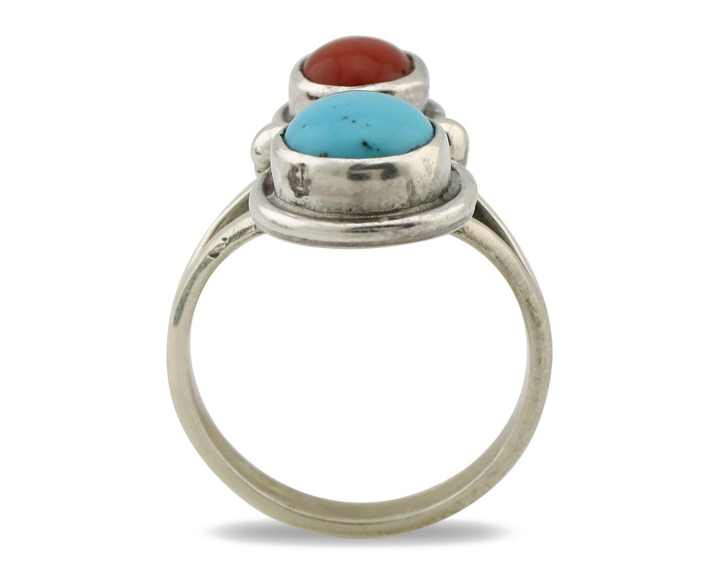 Navajo Handmade Ring 925 Silver Coral & Turquoise Native American Artist C.80's