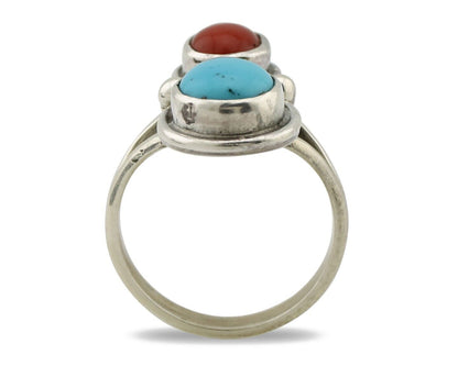Navajo Handmade Ring 925 Silver Coral & Turquoise Native American Artist C.80's