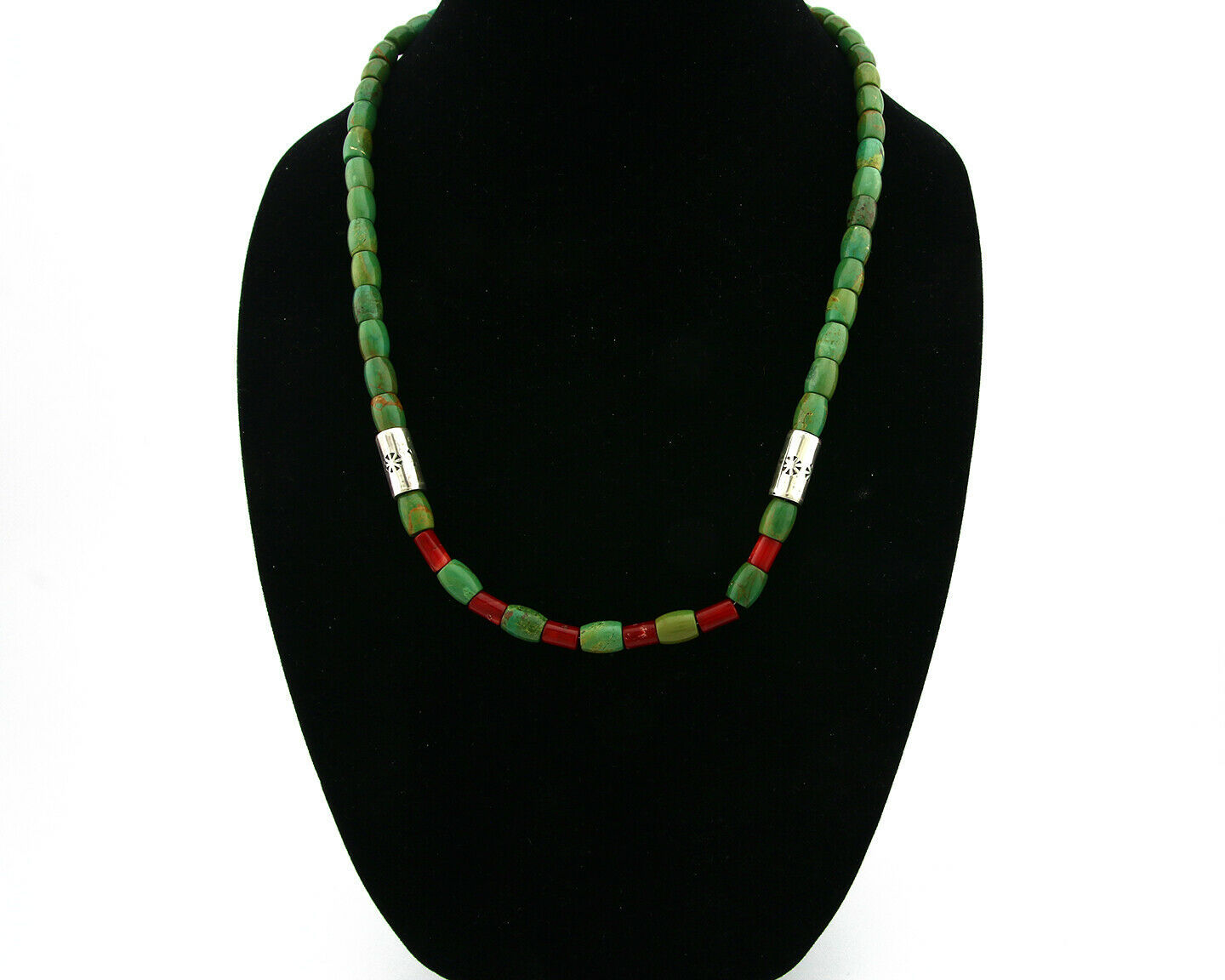 Navajo Necklace .925 Silver Royston Turquoise & Coral C.80's