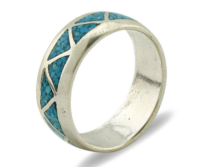 Navajo Chip Inlay Ring 925 Silver Sleeping Beauty Turquoise Artist Silver Cloud