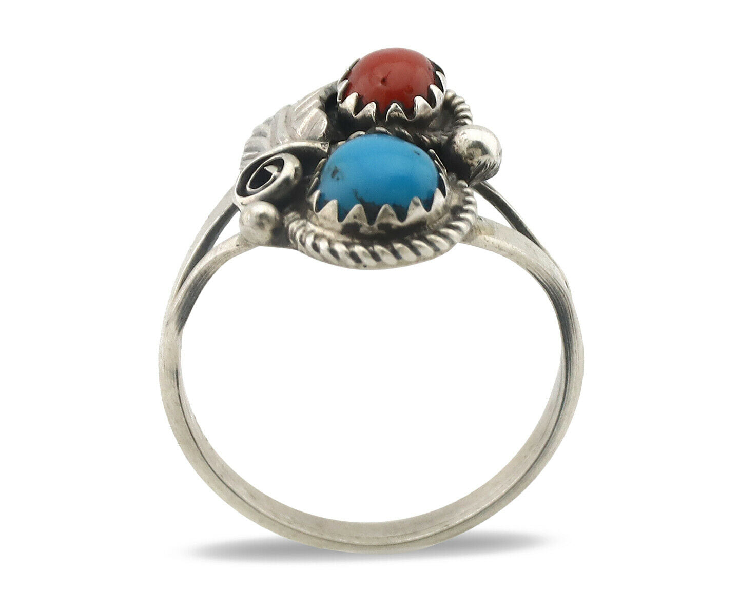 Navajo Ring .925 Silver Morenci Turquoise & Coral Native Artist Signed JM C.80's