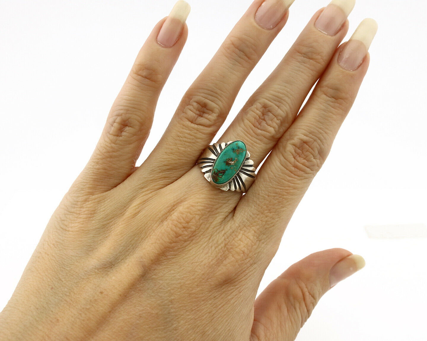 Navajo Ring .925 Silver Blue Green Arizona Turquoise Artist Signed Apache C.80's