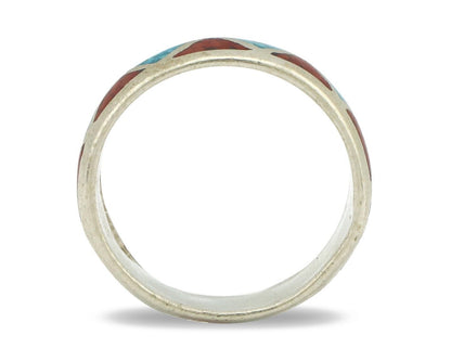Navajo Ring 925 Silver Natural Turquoise & Coral Native American Artist C.80's