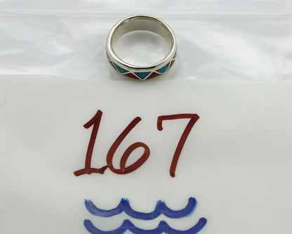 Navajo Chip Inlay Ring 925 Silver Sleeping Beauty Turquoise & Coral Silver Cloud
