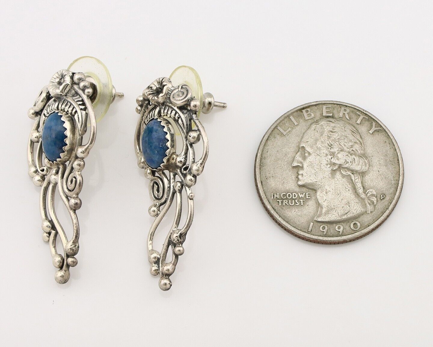 Navajo Earrings 925 Silver Natural Mined Denim Lapis Native American Artist C90s