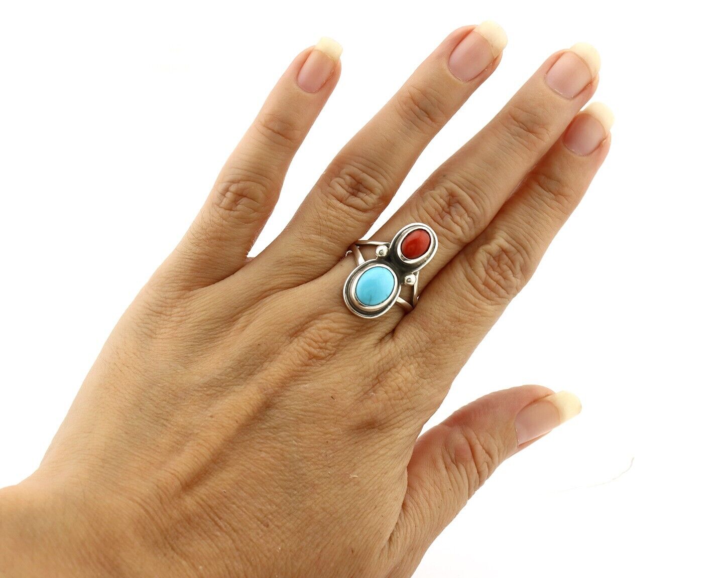 Navajo Handmade Ring 925 Silver Coral & Turquoise Native American Artist C.80's