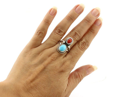 Navajo Handmade Ring 925 Silver Coral & Turquoise Native American Artist C.80's