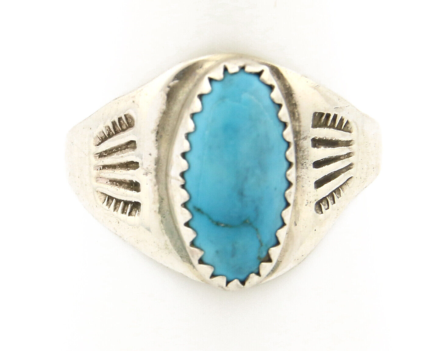 Zuni Ring .925 Silver Kingman Turquoise Hand Stamped Native American C.80's