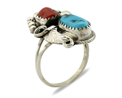 Navajo Ring .925 Silver Turquoise & Coral Artist Signed J Morris C.80's