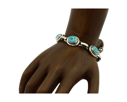 Navajo Link Bracelet .925 Silver Blue Turquoise Native American Artist C.80's