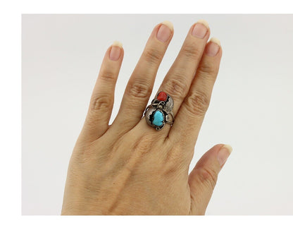 Navajo Handmade Ring 925 Silver Turquiose & Coral Native American Artist C.80's