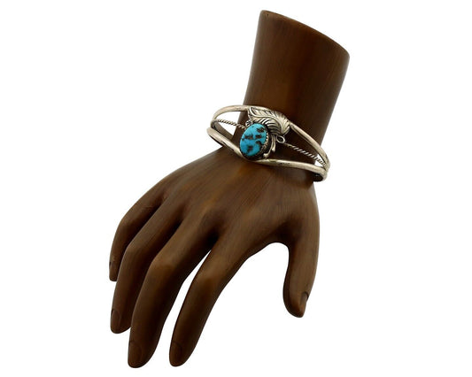 Navajo Chip Inlay Cuff Bracelet 925 Silver Turquoise Native American Artist C80s