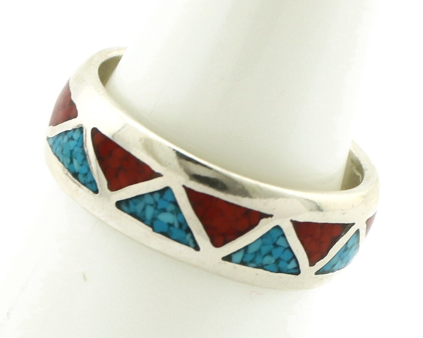 Navajo Chip Inlay Ring 925 Silver Sleeping Beauty Turquoise & Coral Silver Cloud