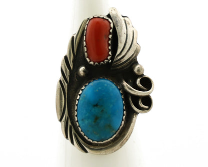 Navajo Ring 925 Silver Turquoise & Coral Artist Signed Native American C.80s