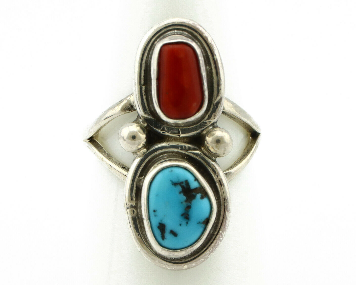 Navajo Ring .925 Silver Red Coral & Blue Turquoise Native Artist C.80's