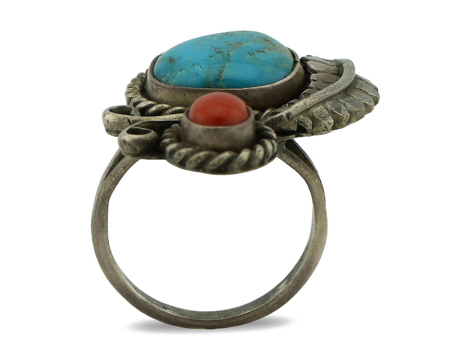 Navajo Ring .925 Silver Turquoise & Coral Native American Artist C.1975's