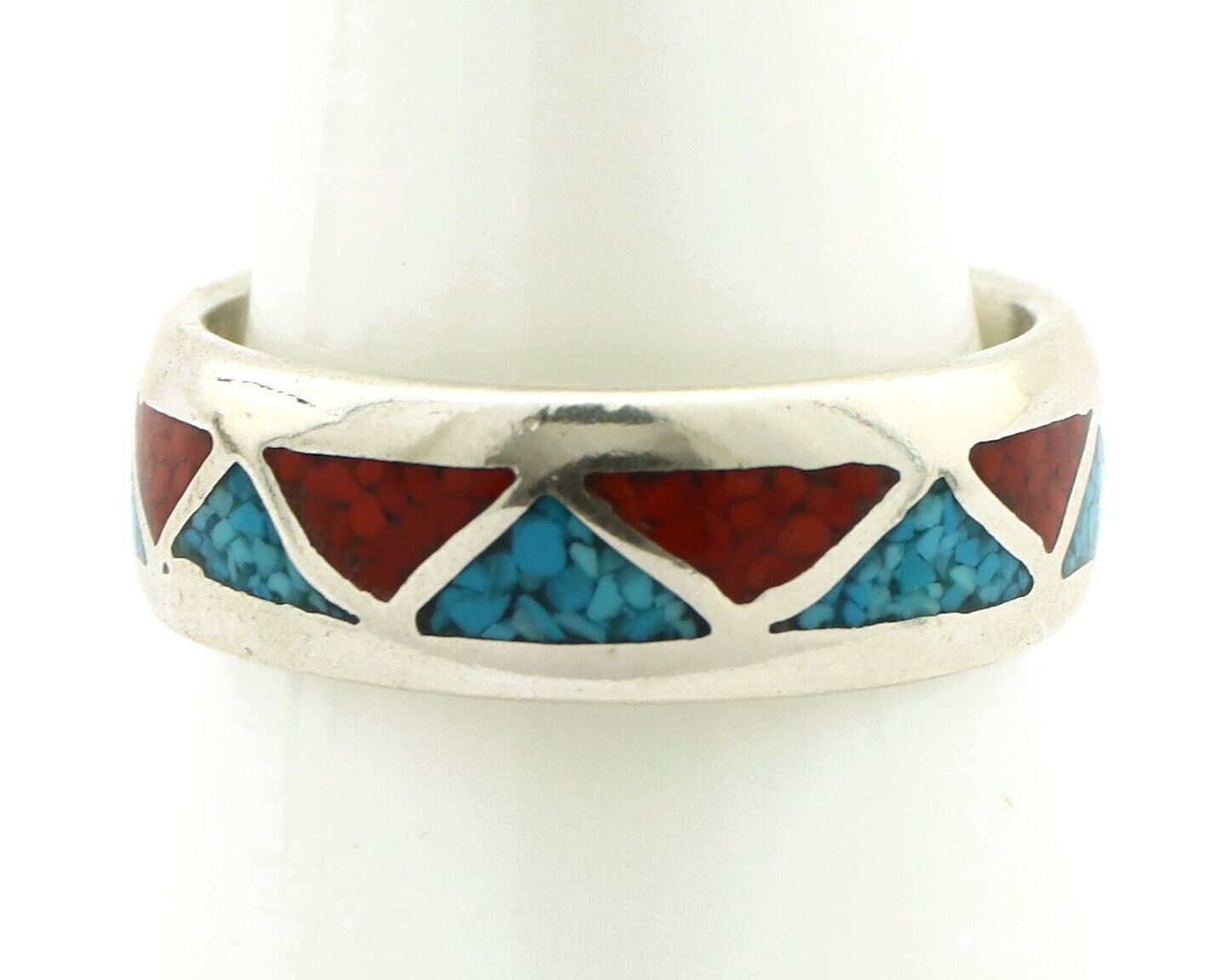 Navajo Chip Inlay Ring 925 Silver Sleeping Beauty Turquoise & Coral Silver Cloud