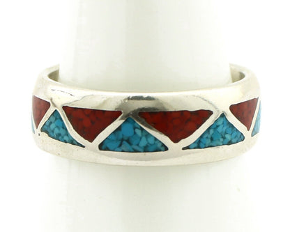Navajo Chip Inlay Ring 925 Silver Sleeping Beauty Turquoise & Coral Silver Cloud