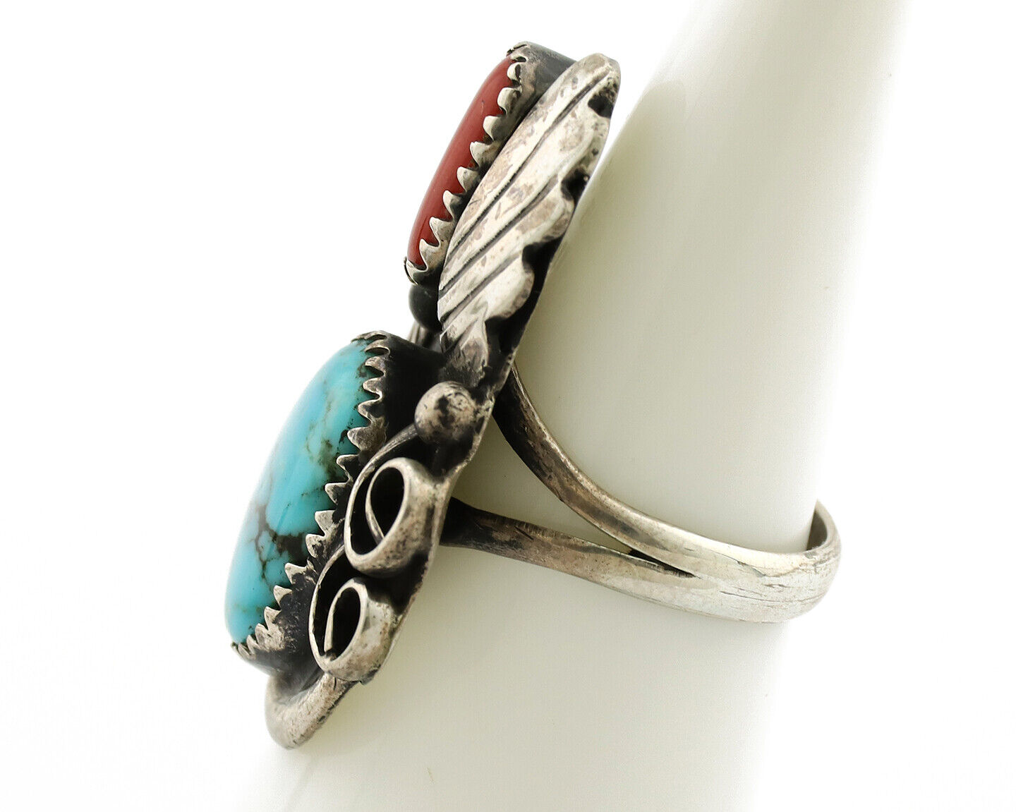 Navajo Ring 925 Silver Turquoise & Coral Artist Signed Native American C.80s