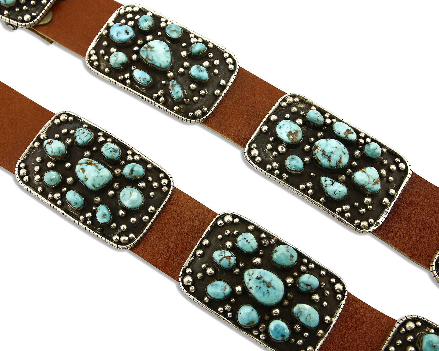 Navajo Concho Belt .925 Silver Blue Gem Turquoise Signed J.S. Circa 80's