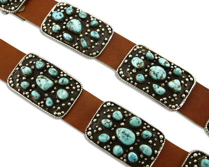 Navajo Concho Belt .925 Silver Blue Gem Turquoise Signed J.S. Circa 80's