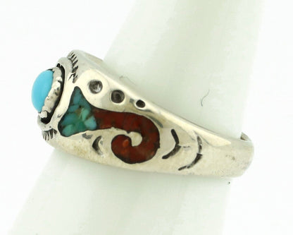 Navajo Handmade Ring 925 Silver Blue Turquoise & Coral Native American C.80's