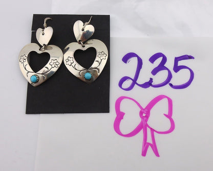 Navajo Dangle Heart Earrings Handmade 925 Silver Blue Turquoise Native Artist