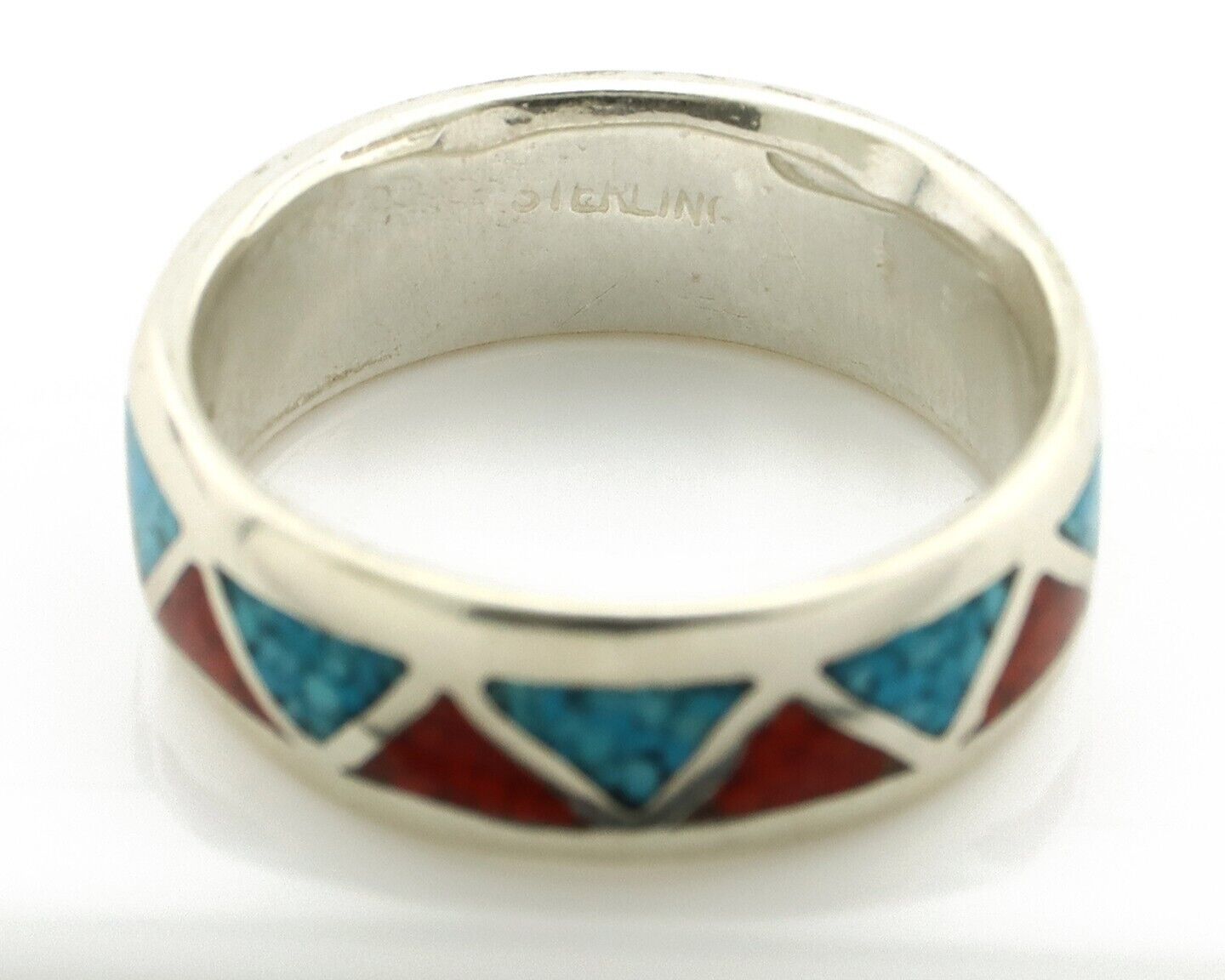 Navajo Chip Inlay Ring 925 Silver Sleeping Beauty Turquoise & Coral Silver Cloud