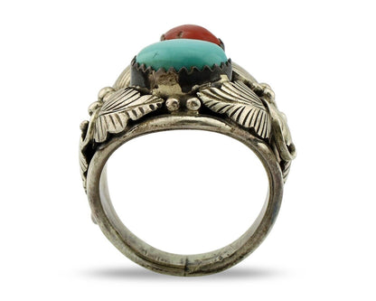 Navajo Ring 925 Silver Blue Turquiose & Mediterranean Coral Native Artist C.80's