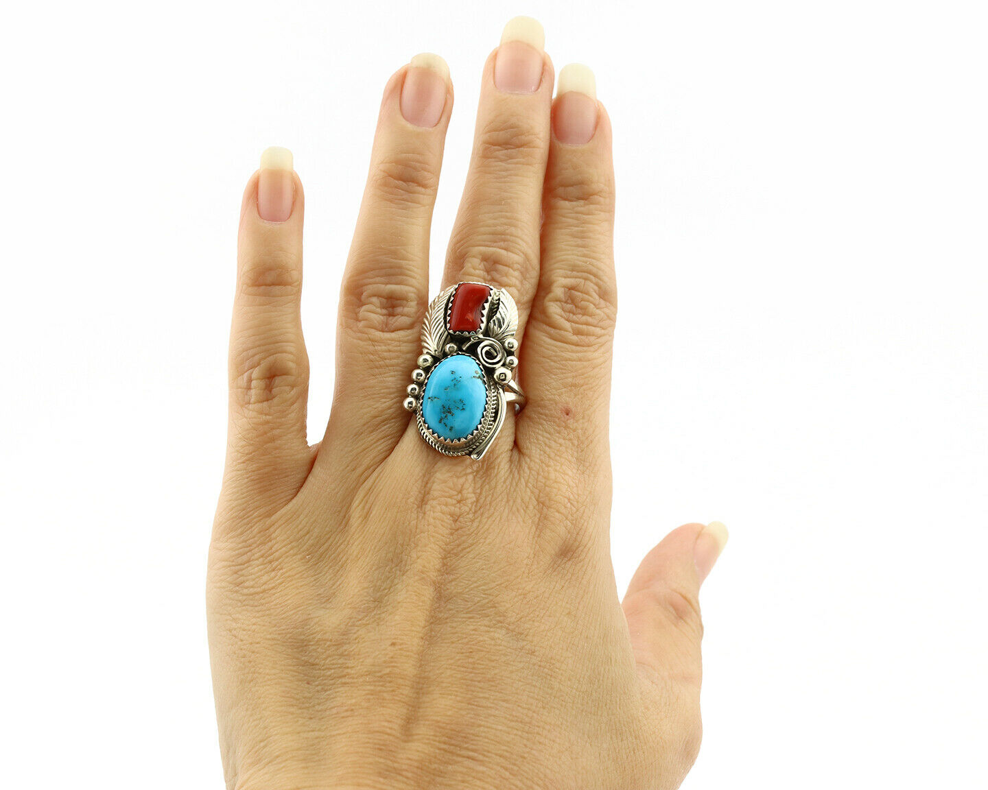 Navajo Ring .925 Silver Turquoise & Coral Artist Signed Justin Morris C.1980's