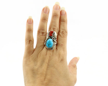 Navajo Ring .925 Silver Turquoise & Coral Artist Signed Justin Morris C.1980's