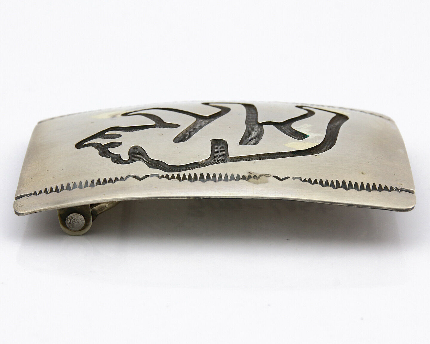 Navajo Belt Buckle .925 Silver Hand Stamped Overlay Signed T Arrow C.80's